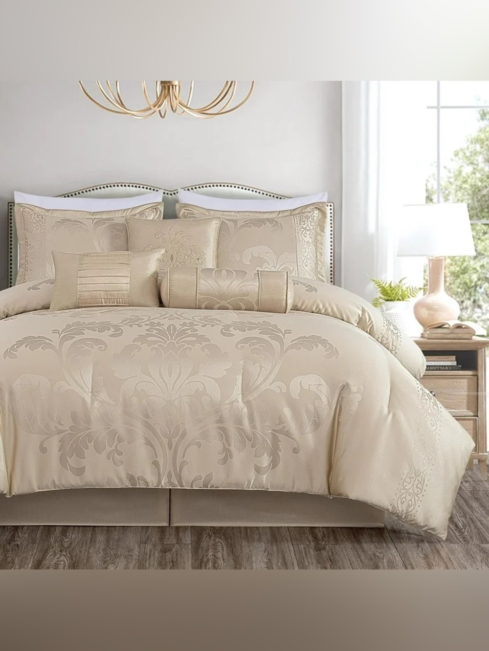 Luxury Jacquard Damask cal king 3 piece Comforter Set - Cream